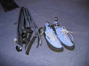 Rock climbing shoes and harness