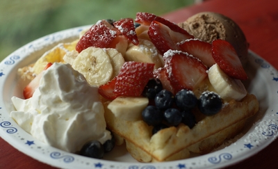 Delicious waffle with chocolate ice cream, whipped cream, strawberries, bananas, and blueberries