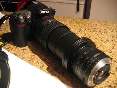 My D90, with an 18-200mm lens fully extended and a 50mm mounted on the end in reverse