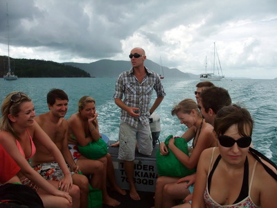 Stu taking us to the island on the motor boat (me in the back right)
