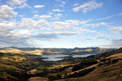 View over the crater containing Akaroa from the restaurant where I had dinner with Shannon