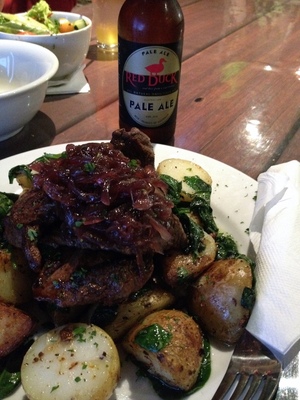 Kangaroo steak and Red Duck Pale Ale for supper in Port Campbell