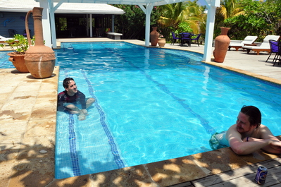 Rob and Gavin keeping cool in the pool