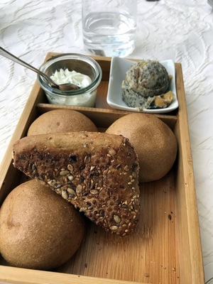 Bread at dinner with AMAZING herbed schmaltz