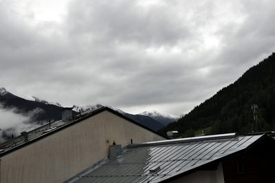 View of snow on the mountains outside our hotel window