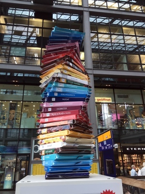 Stack of enormous (non-edible) Ritter Sport at the Berlin Central Station