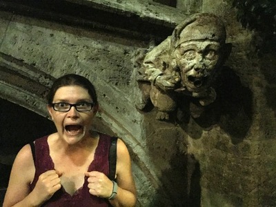 Sarah, delirious from lack of sleep, attempting to become a gargoyle