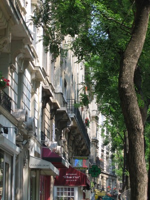 The street my hostel was on, you can see a Pharmacy (the green cross)