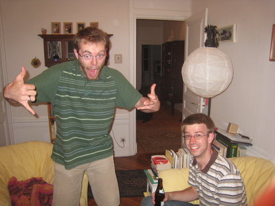 Morgan and I enjoying a beer at his uncle's apartment