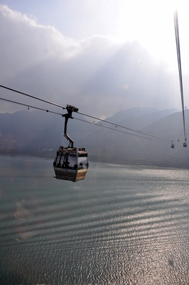 Riding the cable car up to Ngong Ping