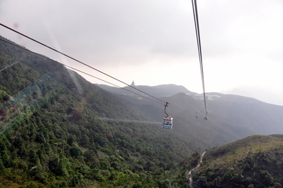 Riding the cable car up to Ngong Ping