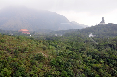 Riding the cable car up to Ngong Ping