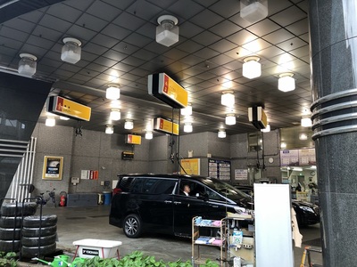Gas station where the pumps are in the ceiling