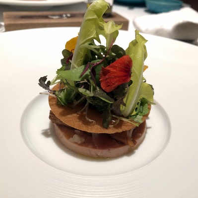 Duck foie gras with mushrooms, ham, and greens
