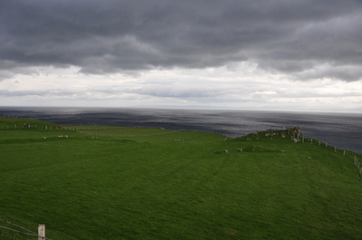 Green grass, dark clouds, threatening sea