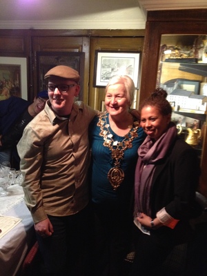 Lee and Jenn posing with Jane Brown and her chain of office as president of the Robert Burns World Federation