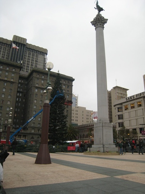 Tower in Union Square with the annual Christmas tree being set up in the background