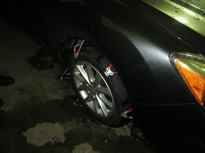 Chains on the tire of Adrienne's car