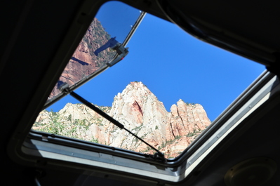 View out the sunroof of the Zion Park shuttle