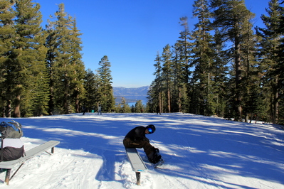 Me strapping in, Lake Tahoe in the distance
